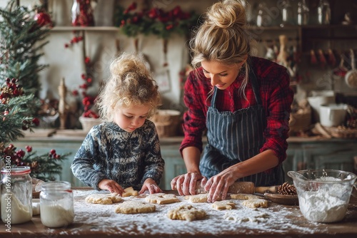 Mother and child baking christmas cookies together in cozy kitchen