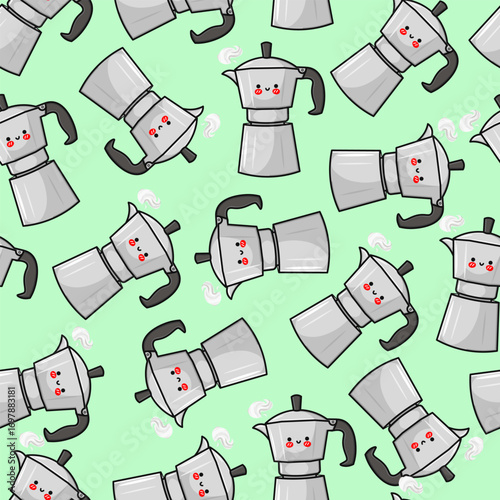 Kawaii moka pot pattern on green background
