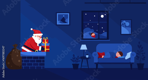 This Flat Design vector illustration portrays Santa Claus quietly delivering Christmas gifts down a chimney into a cozy living room. 