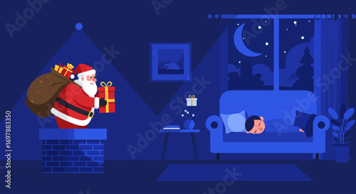 This Flat Design vector illustration portrays Santa Claus quietly delivering Christmas gifts down a chimney into a cozy living room. 