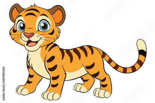Cute Cartoon Tiger Cub Walking with a Cheerful Smile on White Background