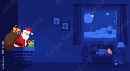 This Flat Design vector illustration portrays Santa Claus quietly delivering Christmas gifts down a chimney into a cozy living room. 