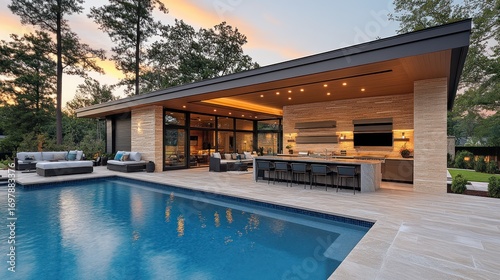 Wallpaper Mural Modern pool house with outdoor kitchen and living area at sunset Torontodigital.ca