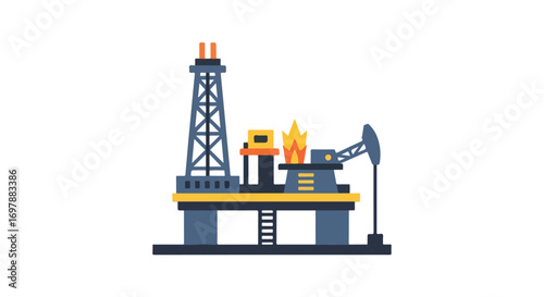 Stylized Oil Rig Illustration Featuring a Tower, Flame, and Pumping Unit on a Flat Surface