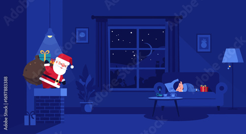 This Flat Design vector illustration portrays Santa Claus quietly delivering Christmas gifts down a chimney into a cozy living room. 