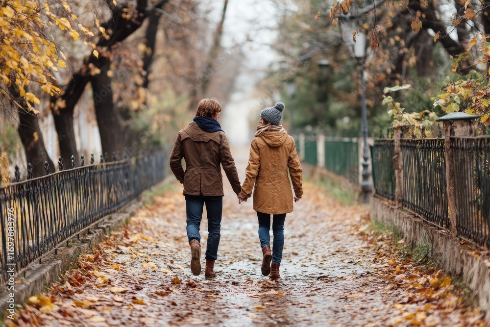 Fototapeta premium Young couple holding hands while walking through autumn park