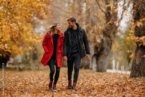 Young couple holding hands while walking through autumn park