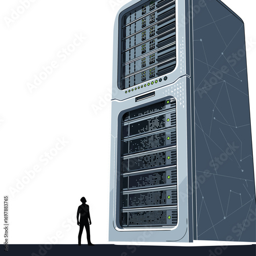 A tiny human at the foot of a giant server. A metaphor for the insignificance of humans in an era of big data and artificial intelligence. A future where code and technology dominate.