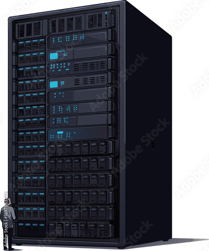 A tiny human at the foot of a giant server. A metaphor for the insignificance of humans in an era of big data and artificial intelligence. A future where code and technology dominate.