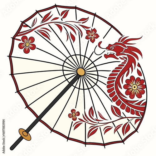 Red dragon and floral decorated parasol umbrella