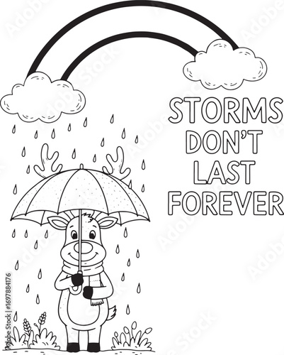 Cute reindeer holding umbrella in rain with rainbow and text animal cartoon