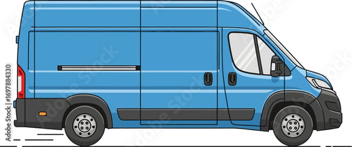 Bright blue delivery van in motion on a white background