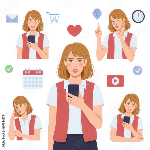 Woman Using Smartphone with Multiple Icons Representing Communication Tasks and Social Media on a Black Background