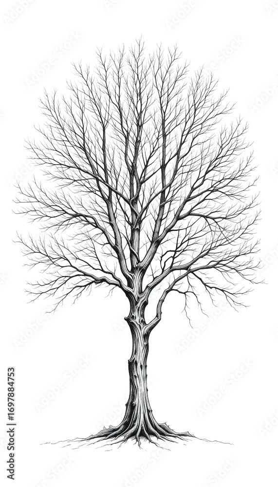 Obraz premium Single bare black winter tree silhouette isolated on white background, a vector illustration of a leafless plant with branches and trunk