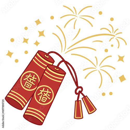Red firecrackers with golden fireworks and stars vector