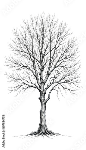 Single bare black winter tree silhouette isolated on white background, a vector illustration of a leafless plant with branches and trunk