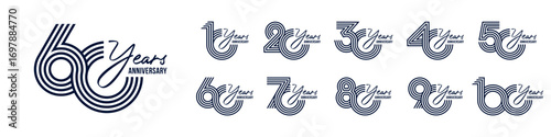 collection anniversary 10 to 100 year logo designs. abstract number for celebration event, wedding, greeting card, and invitation, vector illustration