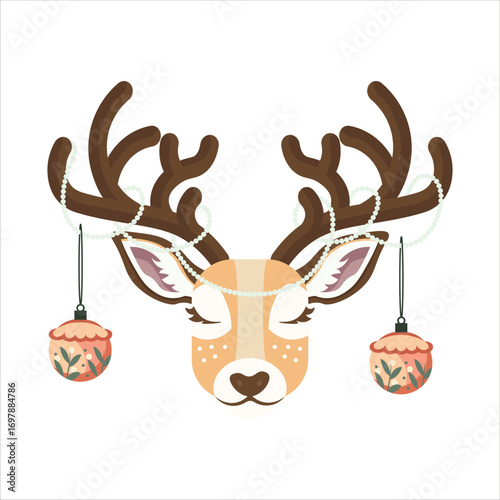 Christmas Reindeer Head Decoration Vector Flat Illustration