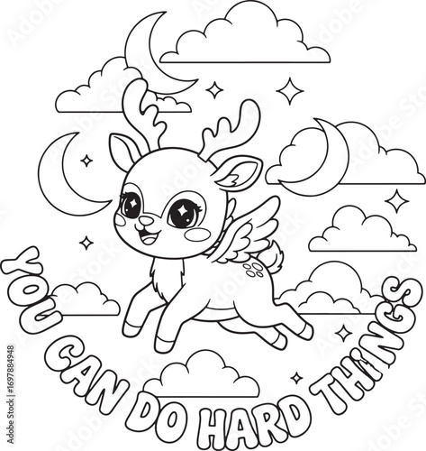 Cute winged deer with moon and clouds coloring page fawn wings