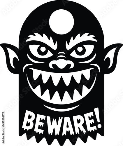 Spooky creature with BEWARE! text, Halloween graphic