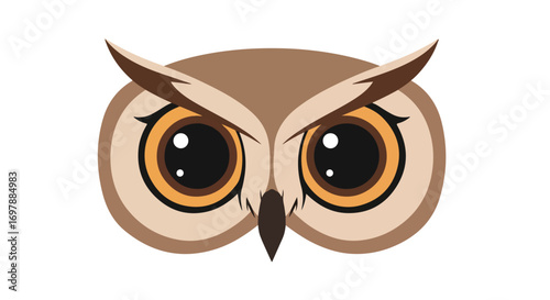 Stylized vector illustration of an owl's face with large eyes and prominent brow line in neutral earth tones  minimalist and symmetrical avian