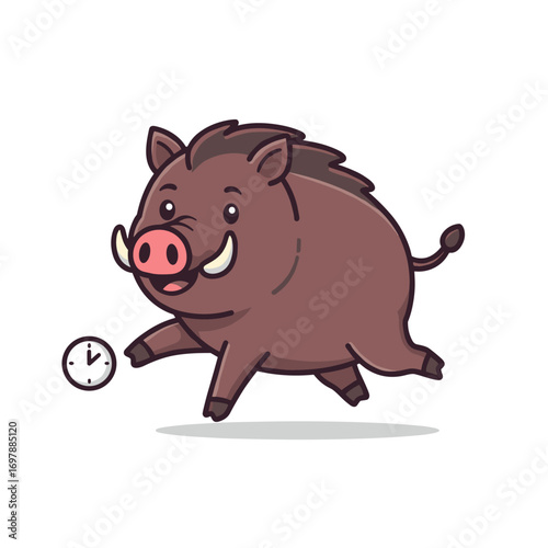 Angry wild boar running with clock
