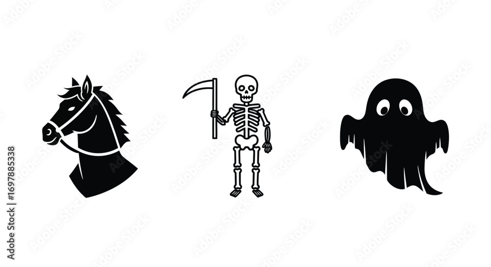 Fototapeta premium Halloween Symbols: Horse, Skeleton, and Ghost