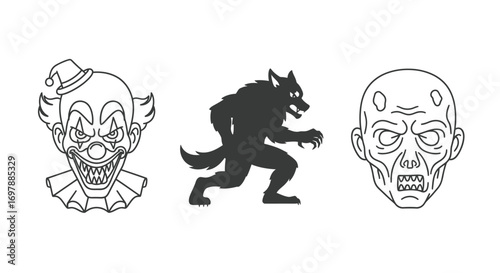 Halloween Monsters: Clown, Werewolf, and Zombie