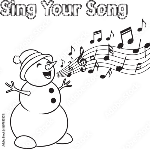 Happy snowman singing with musical notes and lyrics song