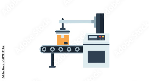 Automated packing system with conveyor belt and robotic arm preparing a box for shipping line