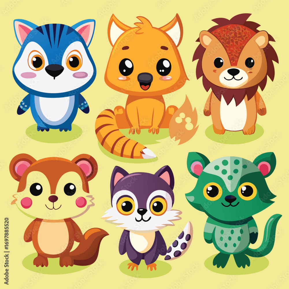 Naklejka premium Adorable cartoon animals set on yellow background