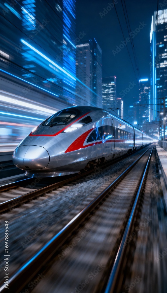 Naklejka premium High-speed train in motion at night through futuristic cityscape