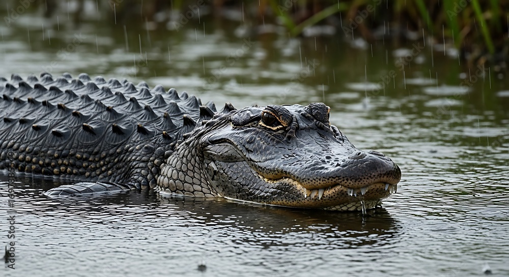 Fototapeta premium American Alligator submerged in murky water on a rainy day scenery