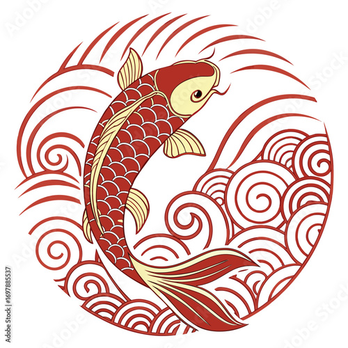 Red koi fish swimming through stylized red waves yellow stylized waves