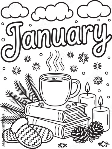 January text with hot drink books pine needles and candles lettering word
