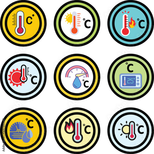 Thermometer icons indicating weather conditions and temperature variations representation display