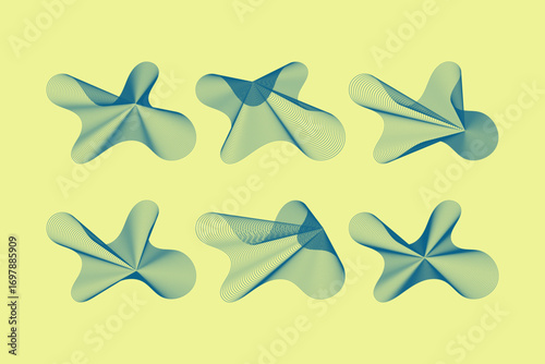 Set of abstract ripple wave shapes. Organic line elements with dynamic flow. Modern vector collection on yellow background.