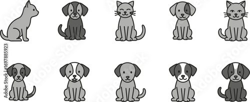 Collection of cute cartoon cats and dogs sitting, playful pets illustration