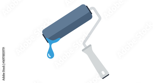 Paint roller with dripping blue paint, illustrating painting tools and home improvement processes, perfect for renovation or decoration themed content
