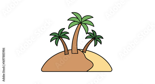 Cartoon tropical island illustration with three palm trees on a sandy coast with a bright isolated backdrop