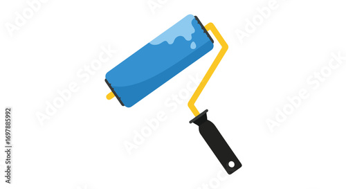 Artistic tool illustration featuring a blue paint roller with a black handle and yellow frame used for decorating spaces providing smooth coverage
