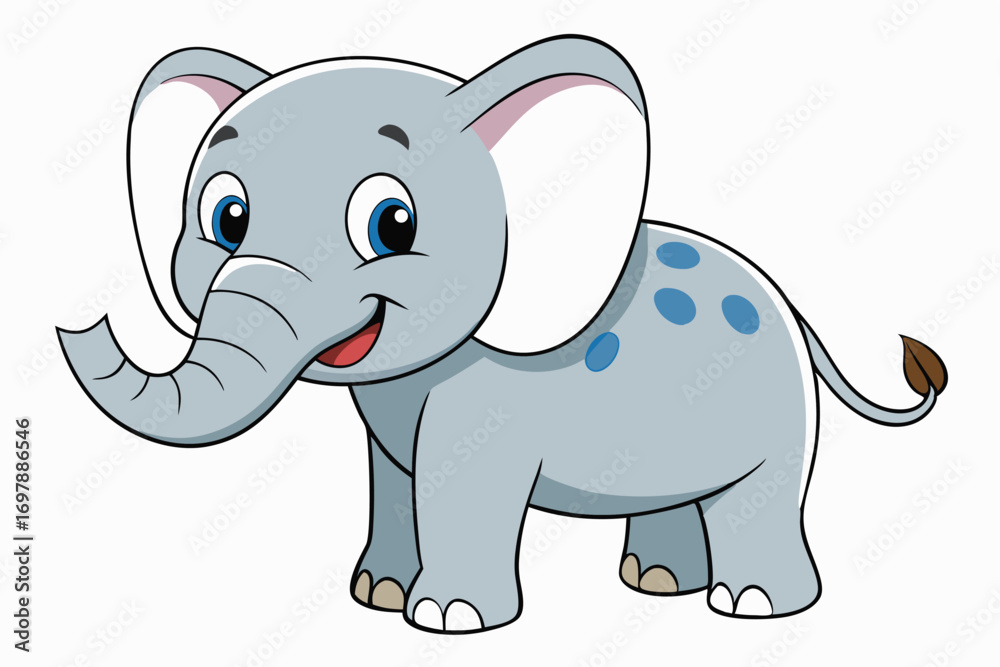 Fototapeta premium Cute Grey Elephant Cartoon Character With Blue Spots, Smiling on White Background