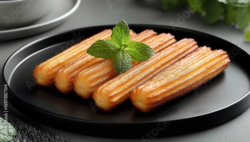Fresh churros with sugar coating arranged on black plate garnished with mint leaf, close up view of traditional Spanish dessert pastry with crispy texture.