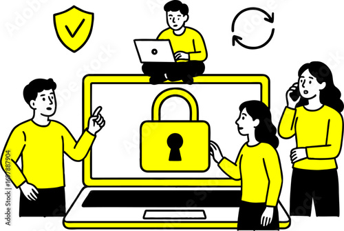 Cyber security concept with people situation in flat web design.  scene of password access, protect personal data. Vector illustrations for social media banner, marketing material