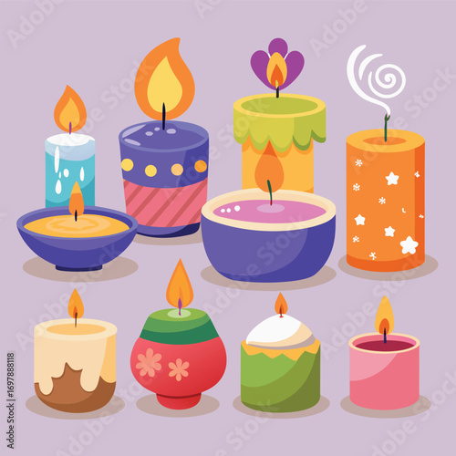 Colorful candles in various shapes and sizes burning brightly