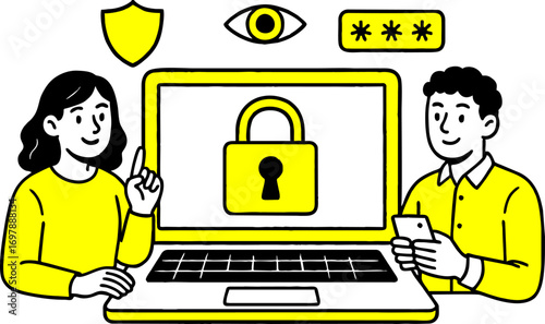 Cyber security concept with people situation in flat web design.  scene of password access, protect personal data. Vector illustrations for social media banner, marketing material