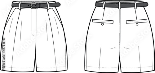 Men’s pleated shorts with belt technical fashion flat sketch, casual summer clothing template design, cad drawing flat vector illustration