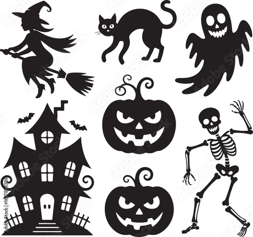Halloween Silhouette Collection With Witch Cat Ghost Pumpkin And Haunted House Keywords: halloween