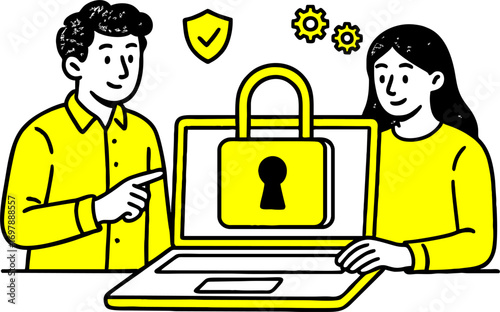 Cyber security concept with people situation in flat web design.  scene of password access, protect personal data. Vector illustrations for social media banner, marketing material