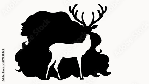 Silhouette of a woman's head with flowing hair merging into a deer with antlers in black and white